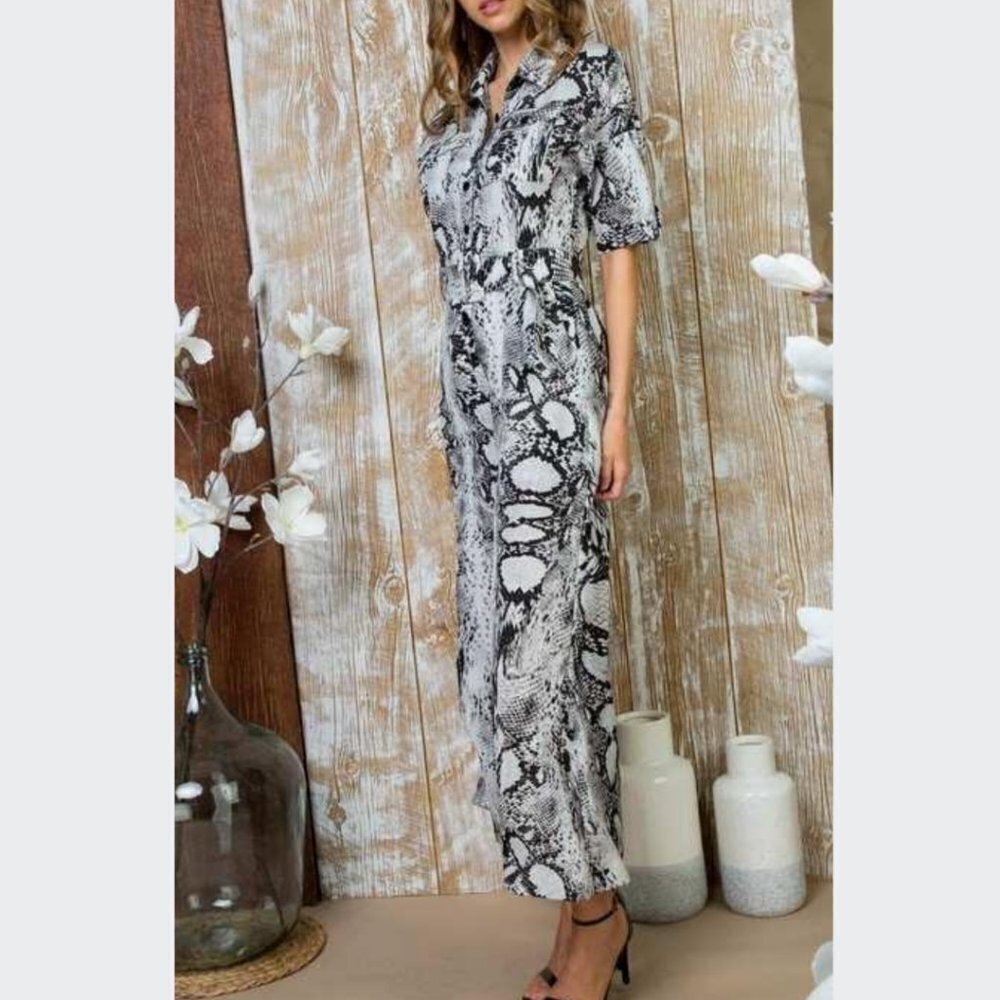 Snake Print Belted Wide Leg Jumpsuit - Picture 4 of 5